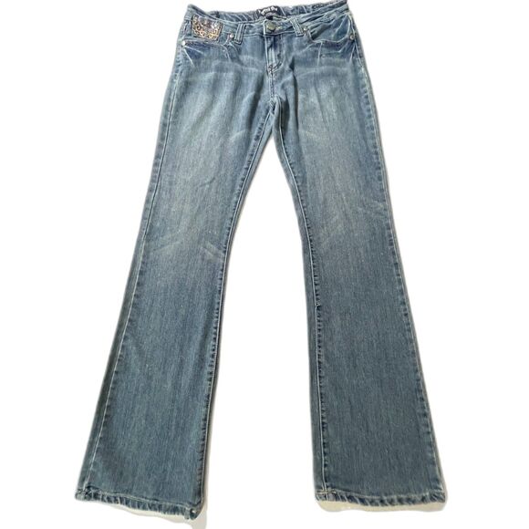 Juniors Girls Karma Blue Size 9 Boot Cut Ultra Stretch Jeans Embroidered Pockets - Picture 1 of 10